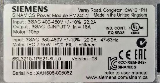 Siemens 6SL3210-1PE21-8UL0 G120 Module d'alimentation 7,5 kW 380-480 V AC Onduleur